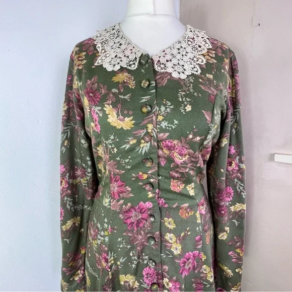 Laura Ashley Vintage Green Floral Long Sleeve Lace Collar Maxi Dress UK 10-12 - Picture 3 of 14